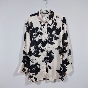 Zara Black White Floral Blouse XL Button Front Long Sleeve NWT